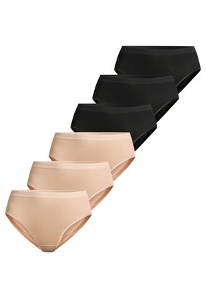 Sæt med seks dameunderbukser arrangeret i to rækker, tre beige nederst og tre sorte øverst, på hvid baggrund.