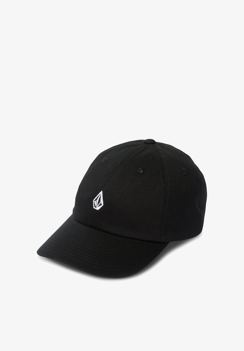 Casquette de baseball noire avec une visière courbée et un petit logo géométrique blanc brodé au centre avant.