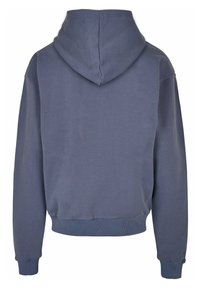 Hooded sweatshirt in dark blue fleece fabric, featuring long sleeves, a ribbed hem, and a soft texture. Back view shows simple design without logos.
