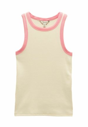 Débardeur crème sans manches avec bordure rose autour de l'encolure et des emmanchures, en tissu côtelé.