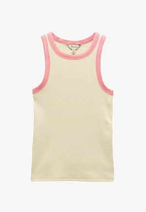 Débardeur crème sans manches avec bordure rose autour de l'encolure et des emmanchures, en tissu côtelé.