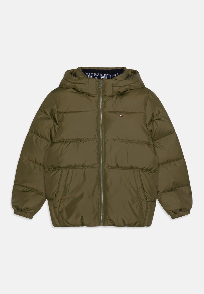 Olive green puffer jacket with a hood, front zipper, elasticated cuffs, and two side pockets. Features quilted design and logo on chest.