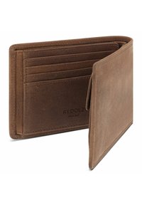 Portefeuille en cuir marron avec plusieurs emplacements pour cartes et une texture lisse. L'intérieur est spacieux avec un design simple et minimaliste.