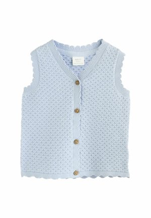 Vaaleansininen neuleliivi, jossa on tekstuuriokohimmeen malli, sakarat reunat ja neljä puista nappia edessä.