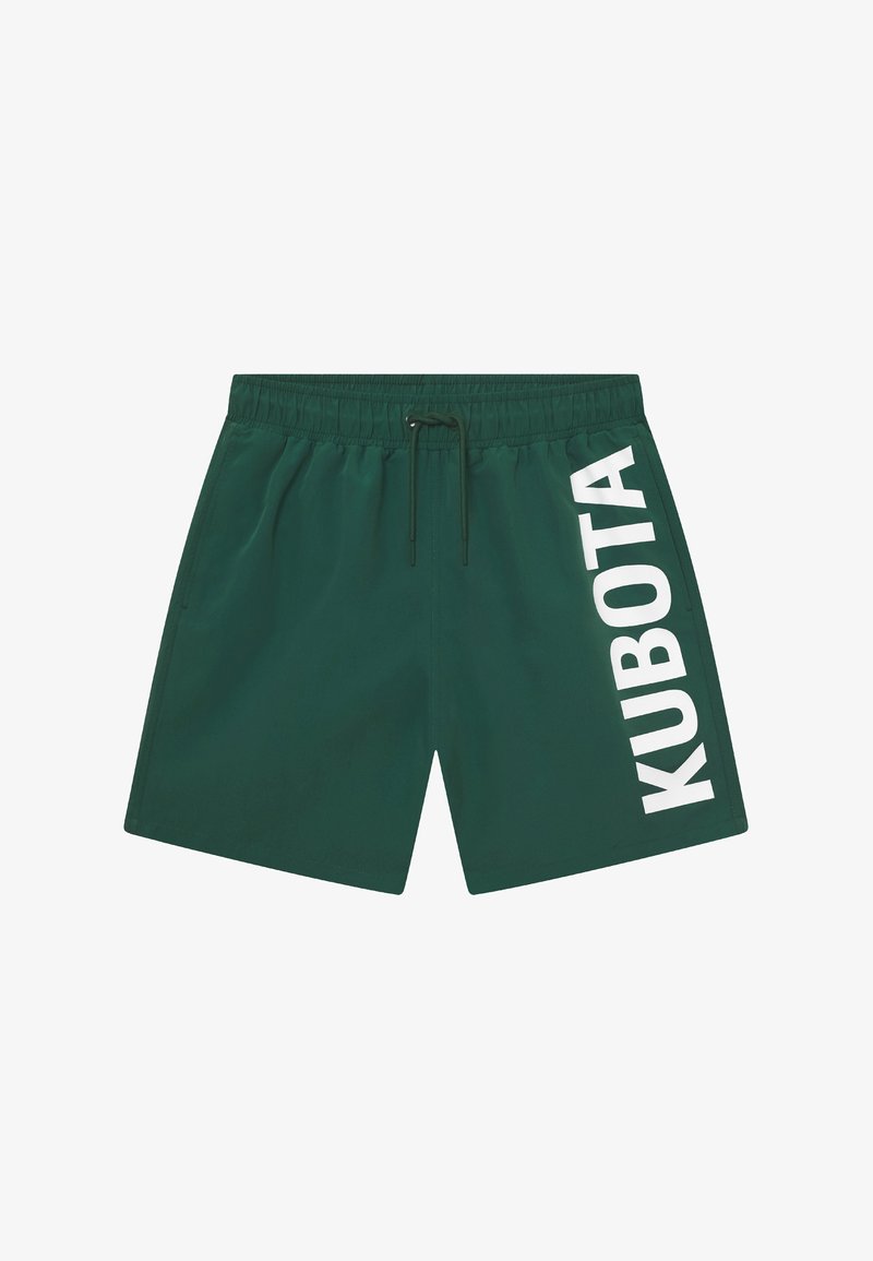 Shorts de bain verts en matériau léger. Dotés d'une taille élastique avec cordon de serrage et d'un grand imprimé blanc "KUBOTA" sur le côté.