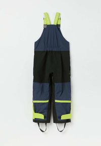 Laadukkaat vedenpitävät tummansiniset ja mustat haalarit, joissa on säädettävät vihreät olkaimet, heijastavat yksityiskohdat, sivutaskut ja vahvistetut helmat.