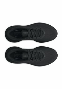 Black athletic shoes with a breathable mesh upper, rounded toe, flat laces, and cushioned sole. Interior features 'COMFORT DELUX' branding.