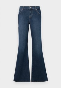 Jean en denim bleu foncé taille haute avec jambes évasées, fermeture à bouton à l'avant, passants de ceinture, poches avant et arrière.