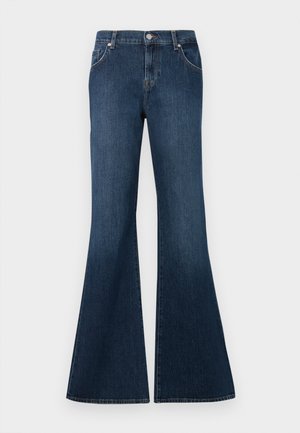 Jeans de ganga azul escuro de cintura alta com pernas largas, fecho frontal com botão, passadores de cinto e bolsos frontais e traseiros.