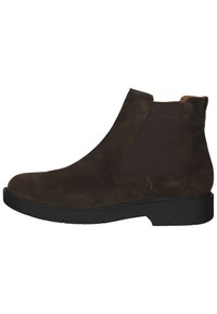 Stivale alla caviglia in suede marrone con pannelli laterali in elastico, punta arrotondata e suola in gomma piatta. Cuciture dettagliate lungo i bordi.