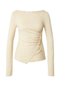 Langärmliges Oberteil in hellem Beige mit weicher Textur, schulterfreiem Ausschnitt, geraffter Seite mit Knopfdetails und asymmetrischem Saum.