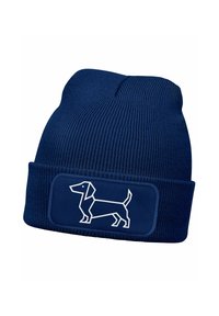 Dark blue knitted beanie with a cuff and a white dachshund graphic on a rectangular patch at the front. Soft texture, ribbed design.
