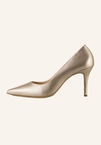 Escarpin à bout pointu en couleur champagne métallique. Texture en cuir lisse avec un talon stiletto fin et un décolleté bas. Design simple.