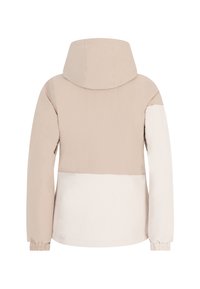 Beige und cremefarbener colorblockierter Jacke mit Kapuze, elastischen Bündchen und seitlichen Reißverschlüssen. Glatte Textur, modernes Design und lässige Passform.