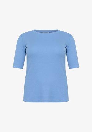 Light blue short-sleeve t-shirt with a round neck, made from smooth material, featuring a simple design and a relaxed fit.