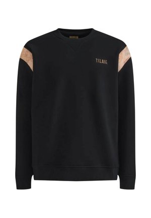 Felpa nera a maniche lunghe con dettagli beige a motivo mappa sulle spalle e piccolo logo beige "1° CLASSE" sul petto, lato sinistro superiore.