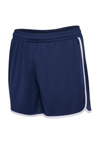 Marinblå sportshorts i lättviktstyg med vit sidrand, elastisk midja och ledig passform. Slät textur, inga mönster.