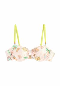 Top bikini rosa con motivi a conchiglie e foglie di palma, dettagli con rouches e spalline regolabili verde lime. Presenta una chiusura centrale a gancio.