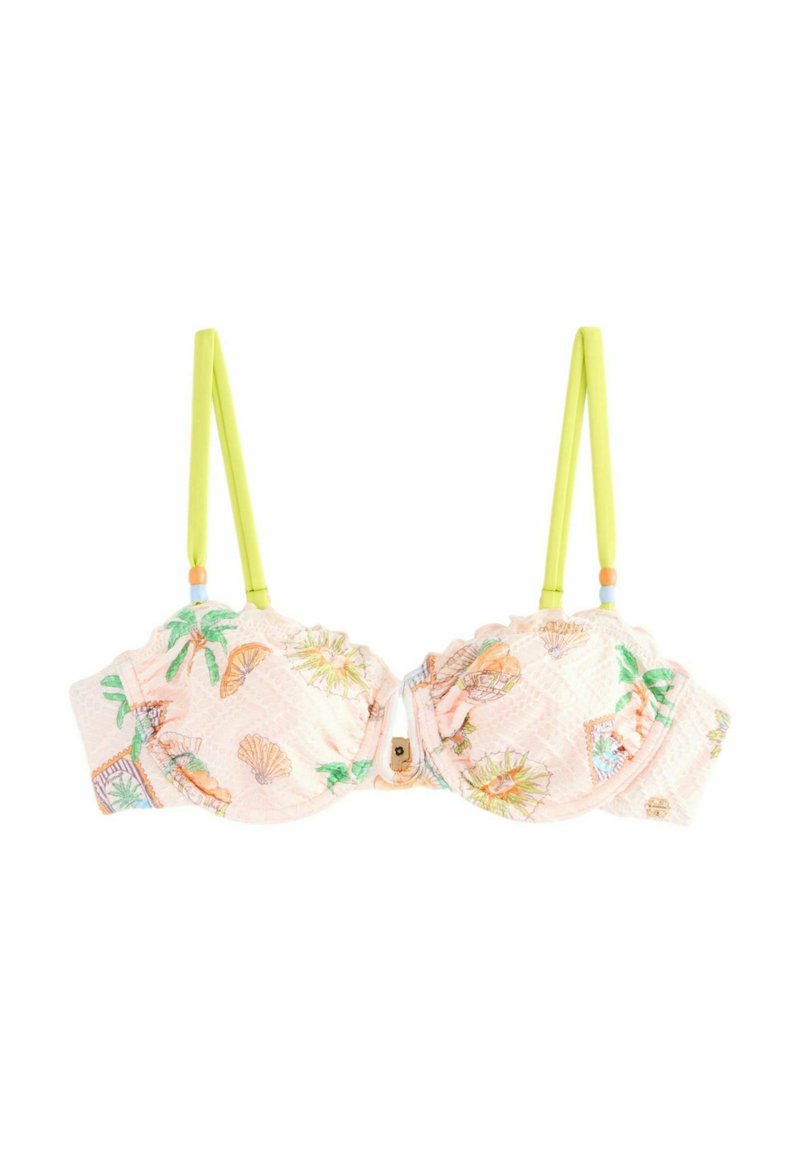 Top bikini rosa con motivi a conchiglie e foglie di palma, dettagli con rouches e spalline regolabili verde lime. Presenta una chiusura centrale a gancio.