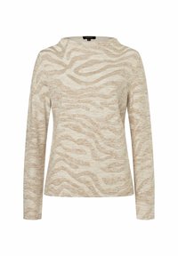Beige dlouhý rukáv top s texturovaným zebrovaným vzorem. Kulatý výstřih, měkký materiál a volný střih. Žádné viditelné kovové prvky ani akcenty.