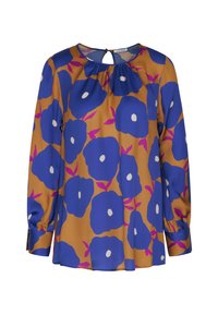 Blusa a maniche lunghe di colore marrone con un motivo floreale che presenta grandi fiori blu, accenti bianchi e una chiusura con bottoni sul retro.