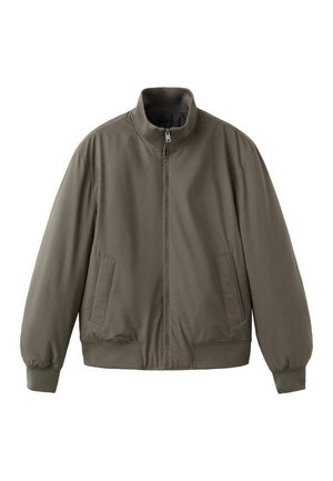 Olive green bomber jacket with a high collar, zip front, two side pockets, ribbed cuffs, and a smooth, matte fabric texture.
