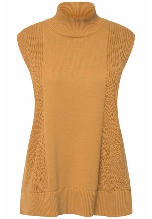 Col roulé sans manches en jaune moutarde, présentant des motifs de tricot côtelé et texturé. Tissu doux avec une coupe légèrement ample et un ourlet.