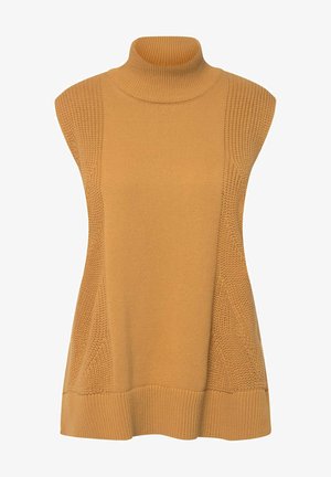 Col roulé sans manches en jaune moutarde, présentant des motifs de tricot côtelé et texturé. Tissu doux avec une coupe légèrement ample et un ourlet.