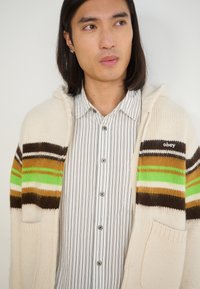 Cardigan din tricot crem cu glugă, având dungi multicolore în verde, maro și galben. Purtați peste o cămașă cu nasturi cu dungi verticale.