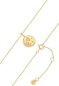 Zlati ogrlica z vgraviranim okroglim obeskom s cvetličnim vzorcem in majhnim dragim kamnom, zaključena s povezavo iz verige in zapiranjem na zaponko.