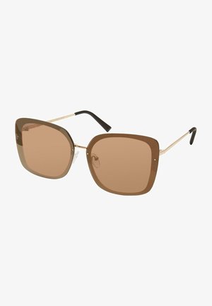 Lunettes de soleil surdimensionnées marron avec une monture en métal doré, des verres plats et des embouts noirs. Présente une forme géométrique et un minimum de détails.