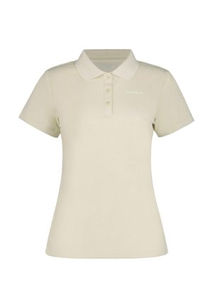 Beige kortærmet tætsiddende poloshirt med tre knapper og krave, ensfarvet design med en lille logo på venstre bryst.