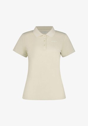 Polo moulant beige à manches courtes avec trois boutons et col, design uni avec un petit logo sur la poitrine gauche.