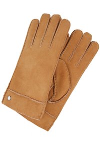 Guanti in suede marroni con cinque dita, cuciture a contrasto e un piccolo accento metallico. Texture liscia con un polsino leggermente arrotondato.