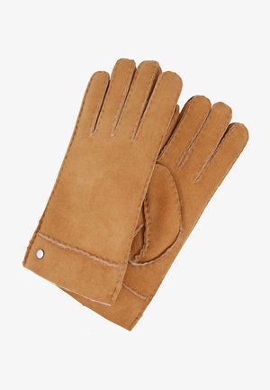 Braune Wildlederhandschuhe mit fünf Fingern, kontrastierenden Nähten und einem kleinen Metallelement. Glatte Textur mit einem leicht abgerundeten Bündchen.