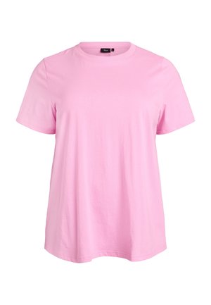 Krátke ružové bavlnené tričko s okrúhlym výstrihom a krátkymi rukávmi, s voľným strihom a hladkou textúrou, bez viditeľných log alebo vzorov.