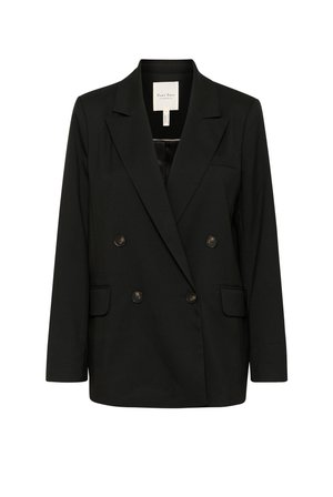 Sort dobbeltklaps blazer med spidse revers, to forlommer og knapdetaljer. Fremstillet af glat stof med en strømlinet silhuet.