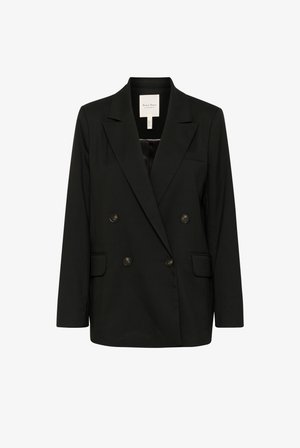 Sort dobbeltklaps blazer med spidse revers, to forlommer og knapdetaljer. Fremstillet af glat stof med en strømlinet silhuet.