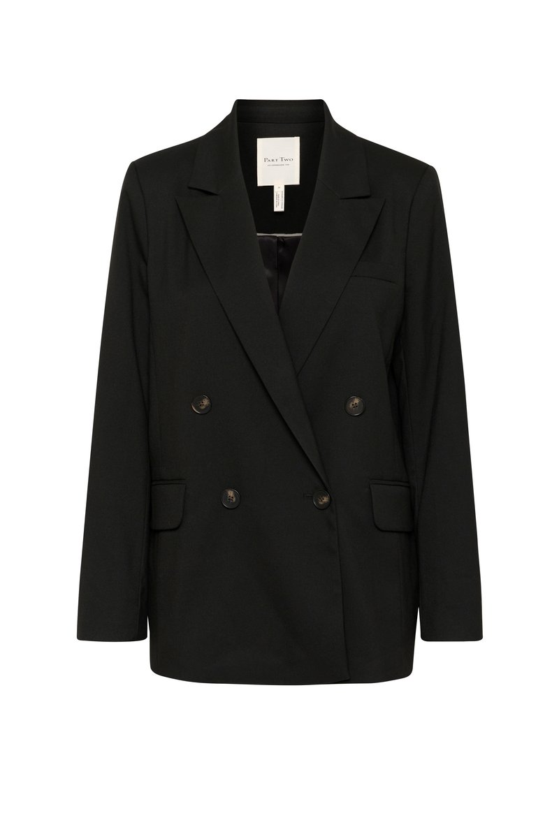 Schwarze doppelt geknöpfte Blazerjacke mit Reverskragen, zwei Fronttaschen und Knopfdetails. Aus glattem Stoff mit einer eleganten Silhouette gefertigt.