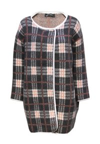 Abrigo de mezcla de lana con un estampado de cuadros en negro, blanco y naranja, con un cuello redondo, mangas tres cuartos y ribete blanco a contrastar.