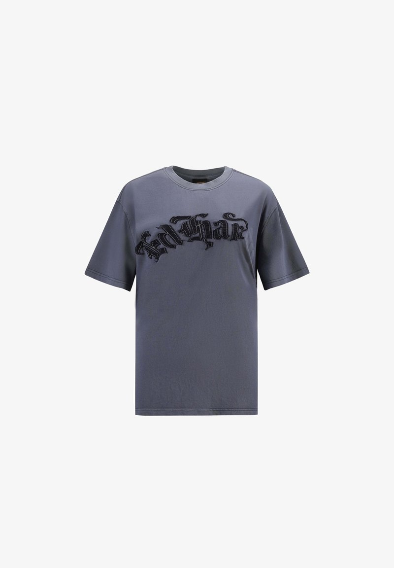 Graues Baumwoll-T-Shirt mit kurzen Ärmeln, das ein strukturiertes, schwarzes gesticktes Motiv auf der Vorderseite hat. Rundhalsausschnitt, lockere Passform.