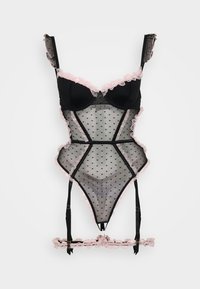 Body trasparente nero con bordi in pizzo rosa e pois, dotato di coppe con stecche e spalline regolabili. Include dettagli con gamba.