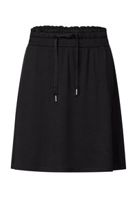 Falda negra con cintura elástica, cordón ajustable y textura de tela suave. Diseño casual con dobladillo recto.
