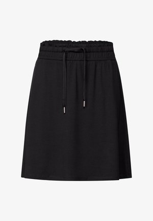 Falda negra con cintura elástica, cordón ajustable y textura de tela suave. Diseño casual con dobladillo recto.