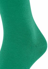 Calzino in cotone verde con una superficie liscia e un design senza cuciture, caratterizzato da un tallone sagomato e un colore ricco e uniforme.