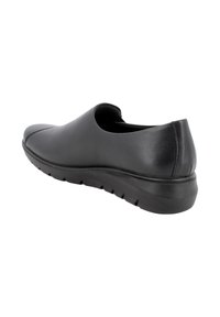 Scarpa nera slip-on con tomaia in pelle liscia, punta rotonda e suola imbottita con scanalature per la trazione. Design minimalista.