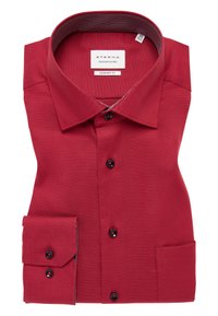 Camicia rossa a bottoni con tessuto strutturato, design comfort fit e motivo a scacchi a contrasto sul colletto. Presenta bottoni e polsini neri.