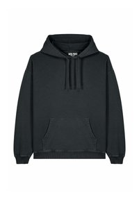 Felpa nera in tessuto morbido, con una grande tasca frontale, cappuccio con cordino e polsini e orlo a costine. Design semplice e senza fronzoli.