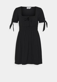 Vestido preto com decote quadrado, mangas curtas e detalhes em laço. Apresenta uma cintura elástica e uma saia fluida. Feito de um tecido macio.