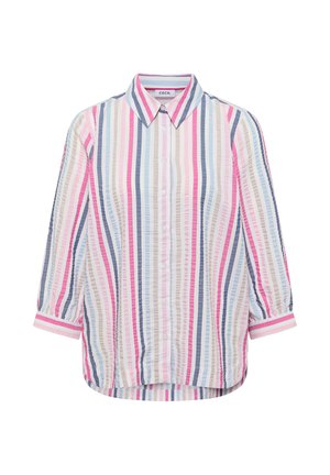 Chemise à boutons avec des rayures verticales en rose, bleu, beige et blanc, dotée d'un col pointu et de manches trois-quarts avec poignets.